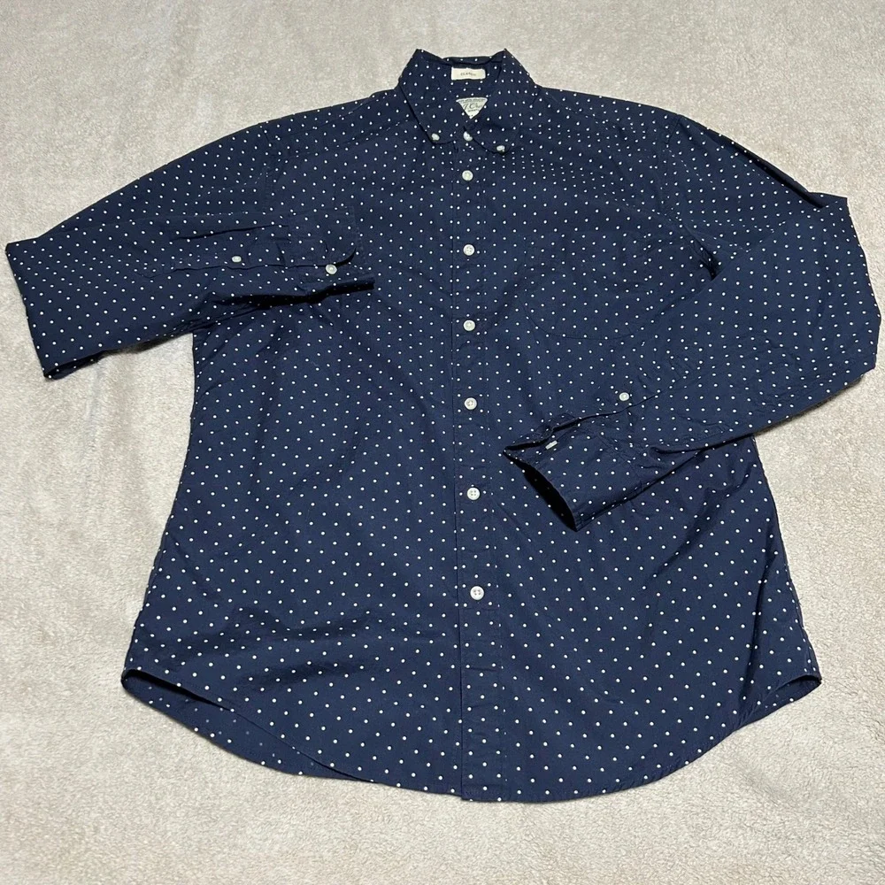J. Crew Button Down Shirt Mens M Navy Blue Polka Dot Secret Wash AA2622